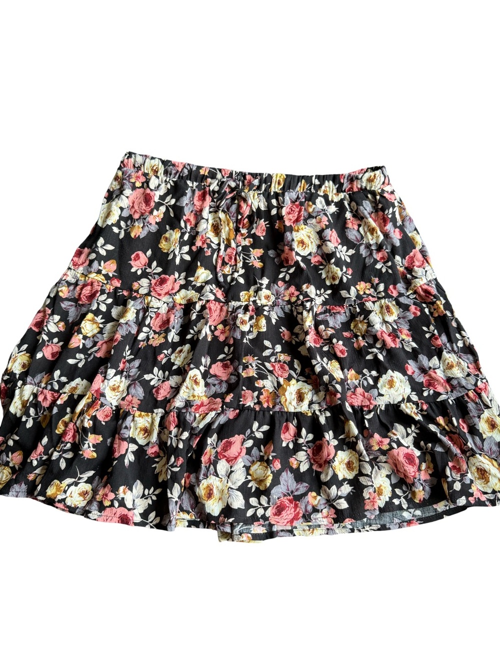 Maurices Black Floral Tiered Skater Skirt with Pink & Cream Roses